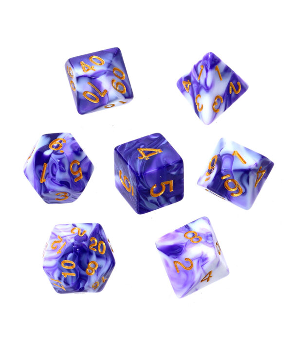 Kości RPG - Dwukolorowe - Purpurowo-białe (złote cyfry)